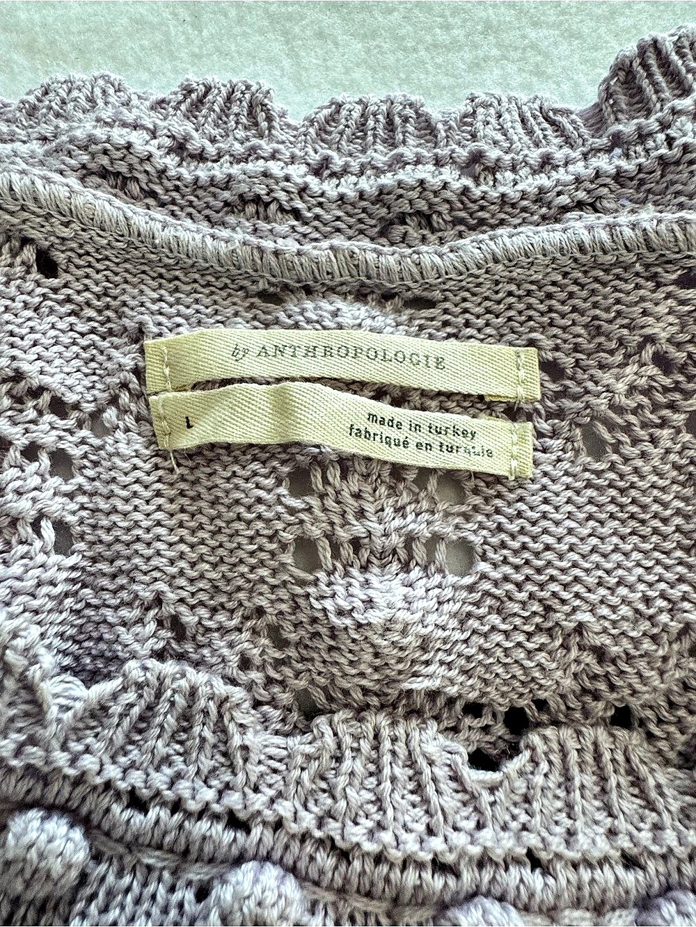 Anthropologie Lavender Pointelle Crochet Knit Puff Sleeve Top Sweater Sz L - Picture 6 of 7